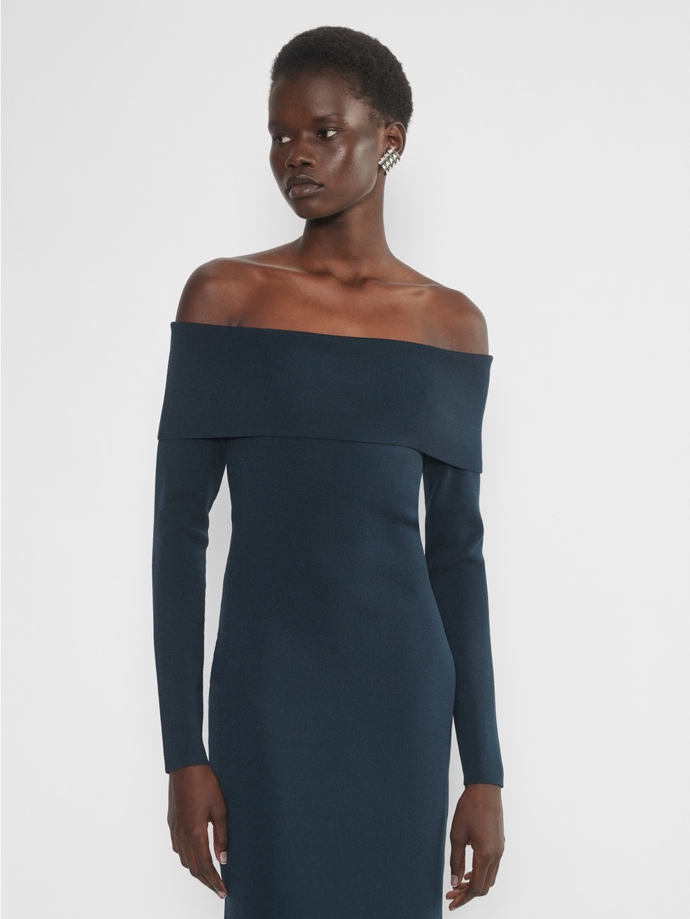 Aritizia | Babaton Navy Blue Sculpt Knit Off Shoulder Midi Dress